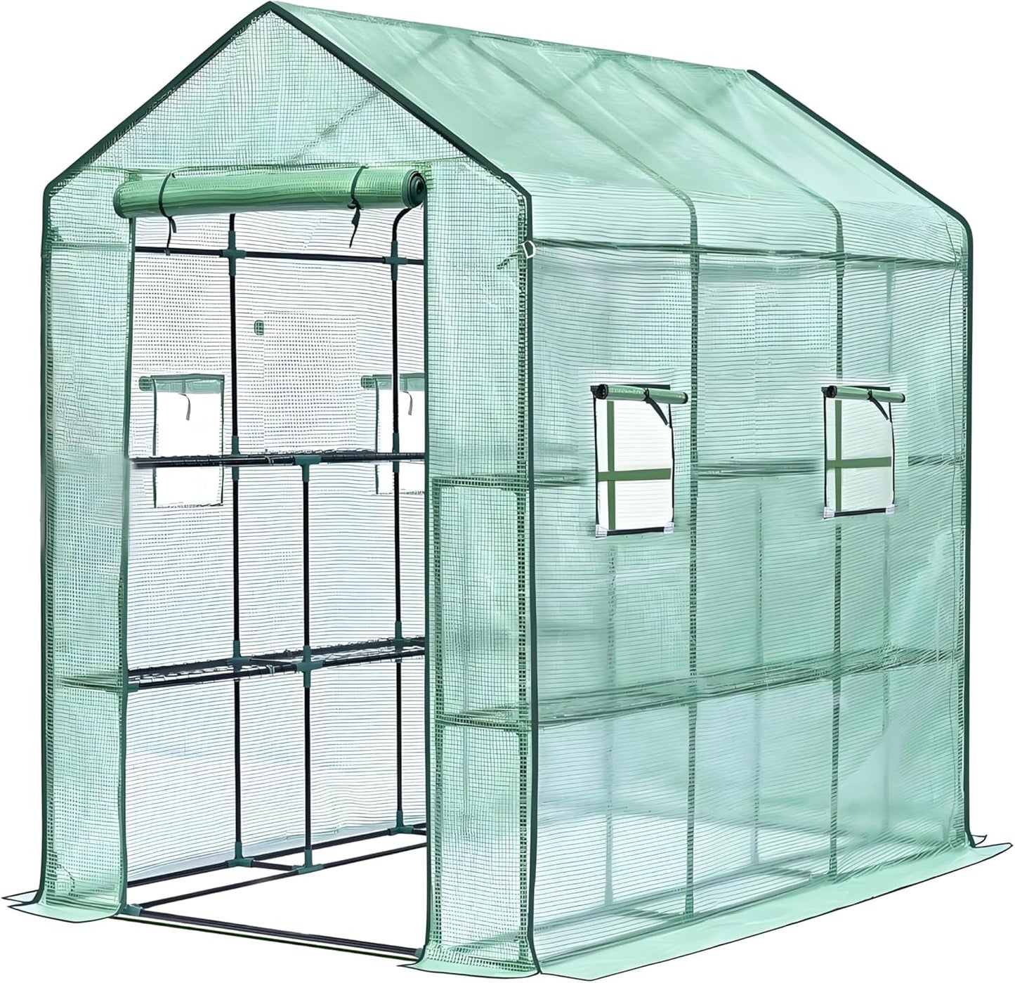 Greenhouse, 57 x 85 x 77'' Greenhouses for Outdoors, with Mesh Side Windows, PE Cover, 8 Shelves, Heavy Duty Walk in Green House for Backyard Garden Indoor, White& Green Outside