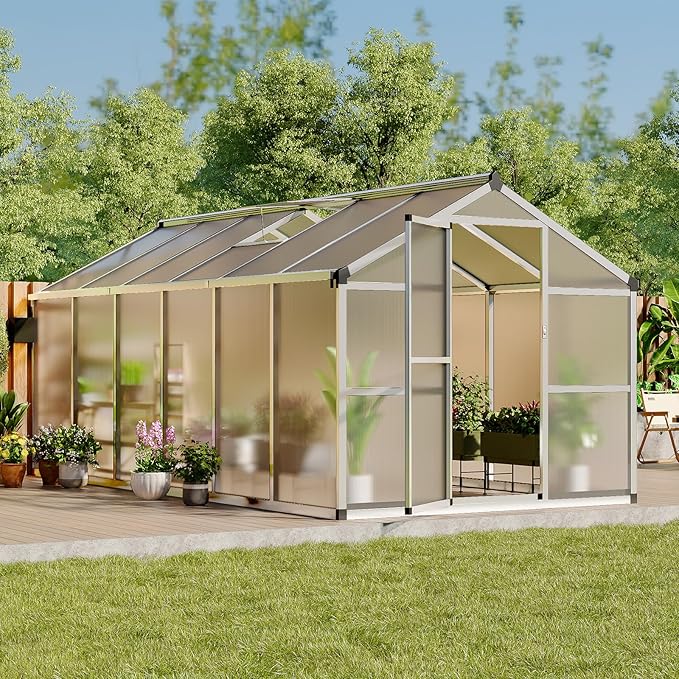 8x12 FT Greenhouse, Easy Assembly Aluminum Polycarbonate Greenhouses for Outdoors with Roof Vent, Large Aluminum Walk-in Greenhouse for Sunroom Patio, Backyard, Garden, Sliding Lockable Door, Silver