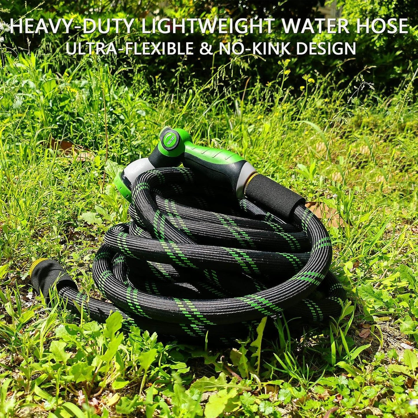 Garden Hose 50 FT, NON-EXPANDABLE Heavy-Duty Flexible & Lightweight Water Hose with 10-Function Nozzle, No-Kink Design, Leak-Proof Super Fabric, Solid Fittings for Lawn, Car, RV, Outdoor