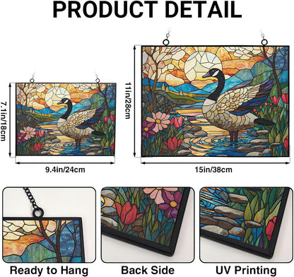 Customized Rectangle Boho Goose Doing Tai Chi Stained Glass Window Hanging Suncatcher Stained Glass Home Decor Garden Halloween Christmas Party Wedding Housewarming Gifts