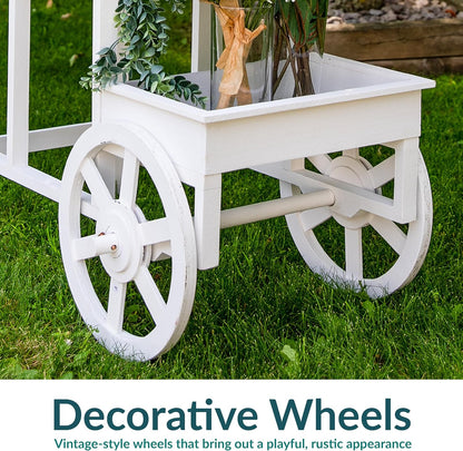 Sunnydaze 3-Tiered Flower Cart Display Stand with Wheels - Flower Display Stand or Planter - Wooden Cart with Chalkboard - White