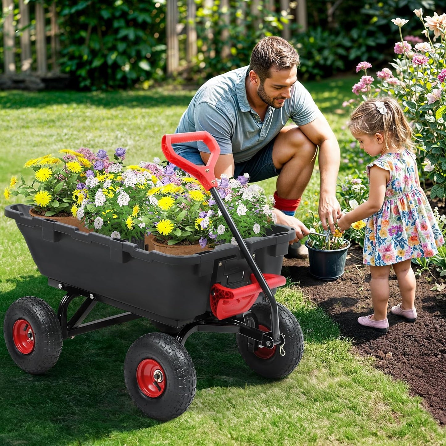 800lbs Garden Dump Cart, Heavy Duty Yard Dump Wagon with 10" Pneumatic Tires, Utility Wheelbarrow cart for Yard, Farm and Garden Christmas Hauling
