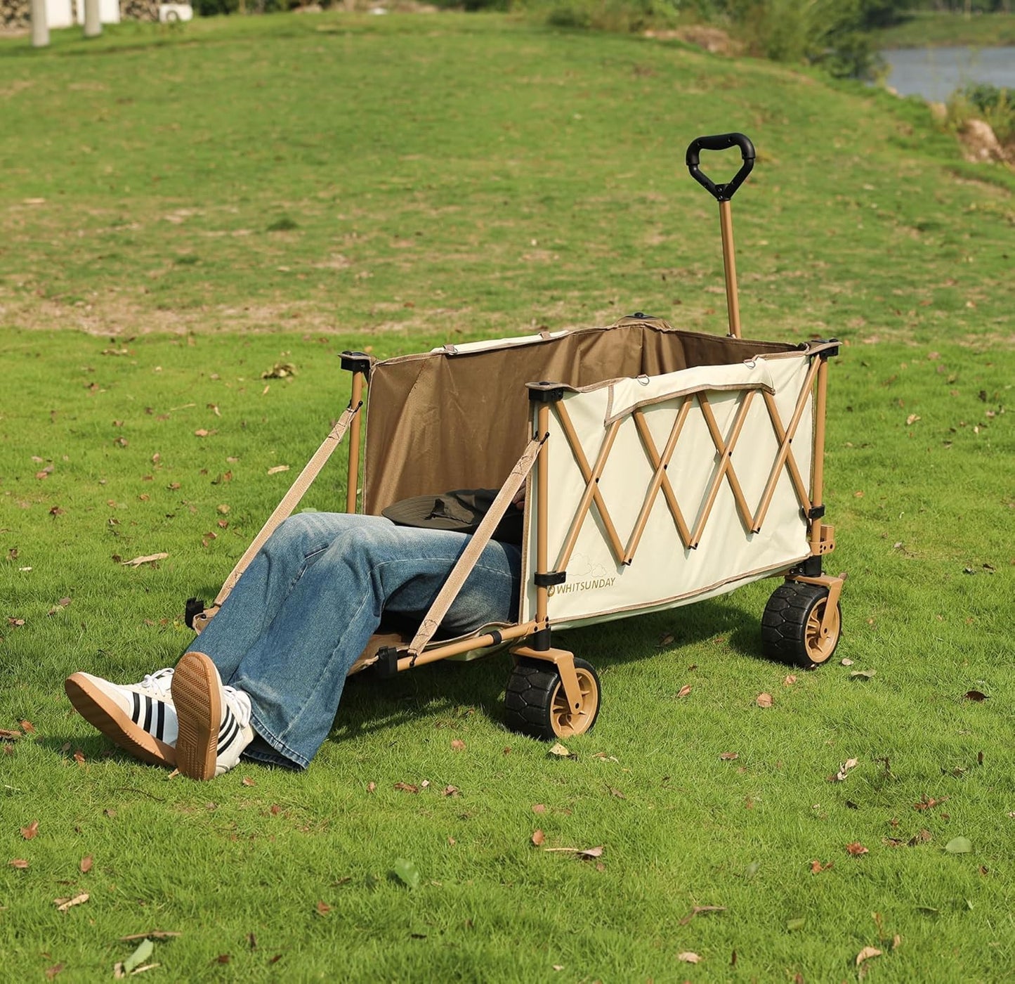 Whitsunday Collapsible Folding Wagon Heavy Duty Utility Beach Wagons with Opened Tailgate and All-Terrain Wheels for Camping,Garden,Sports Beige
