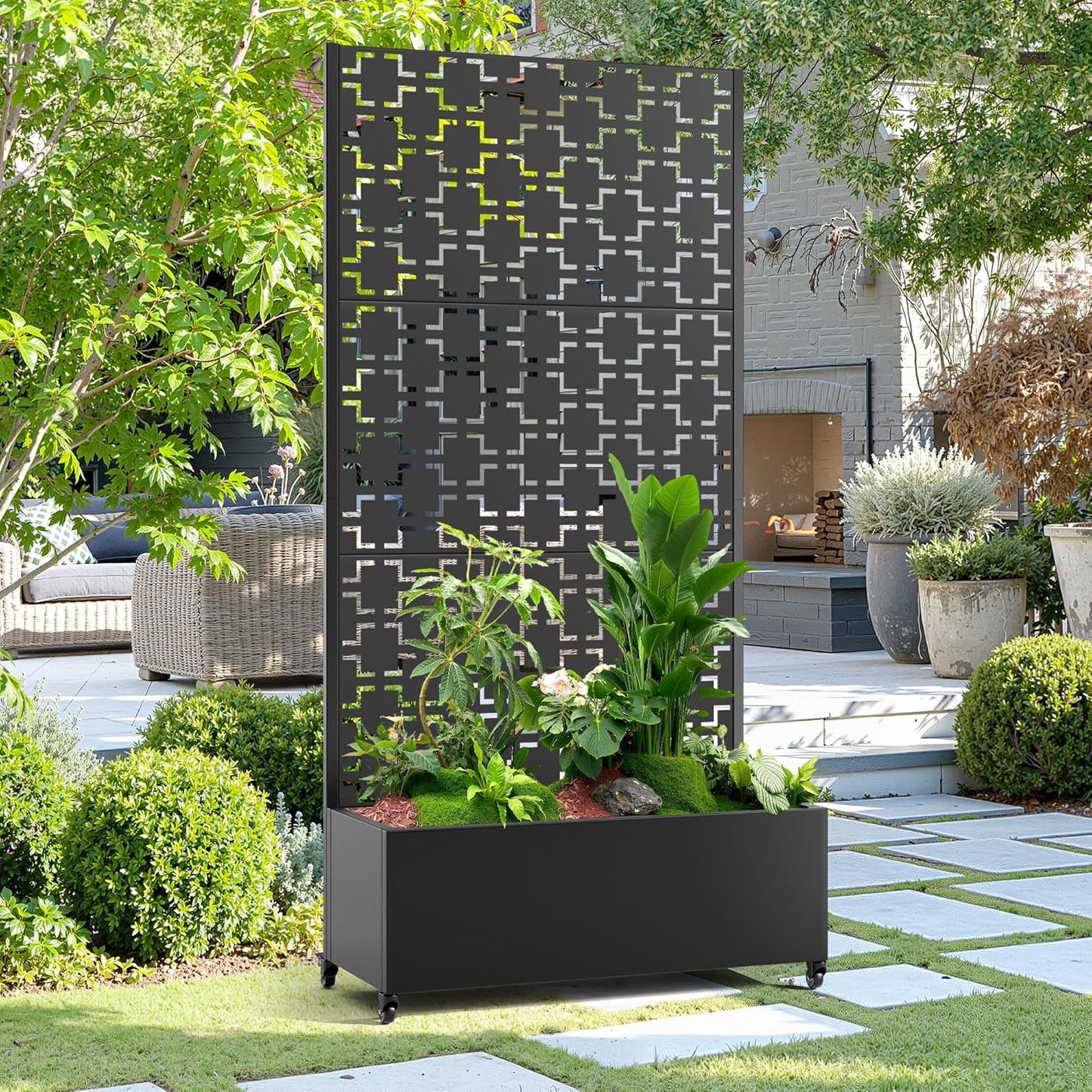 15.7"×70.9"×35.4" Metal Raised Garden Bed with Trellis and Wheels - Tall Trellis Planter Box for Climbing Plants, Vegetables & Vines - Outdoor Privacy Planters for Patio (Black-Square)