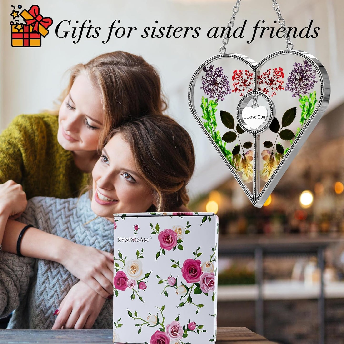 KY&BOSAM Heart Suncatcher Mom Gifts Stained Glass Panels for Windows Hangings Wind Chime with Pressed Flower and Metal I Love You Heart Charm Windows Indoor Trees Wedding Party Home Decoration