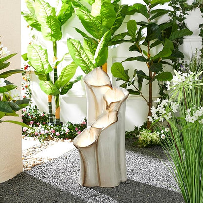 Glitzhome 31.25" H Outdoor Water Fountain with LED Lights and Pump, 4 Tier Sand Beige Lotus Leaf Textured Ceramic Floor Standing Fountain, Vase Waterfall Fountains for Porch Deck Garden Patio Backyard
