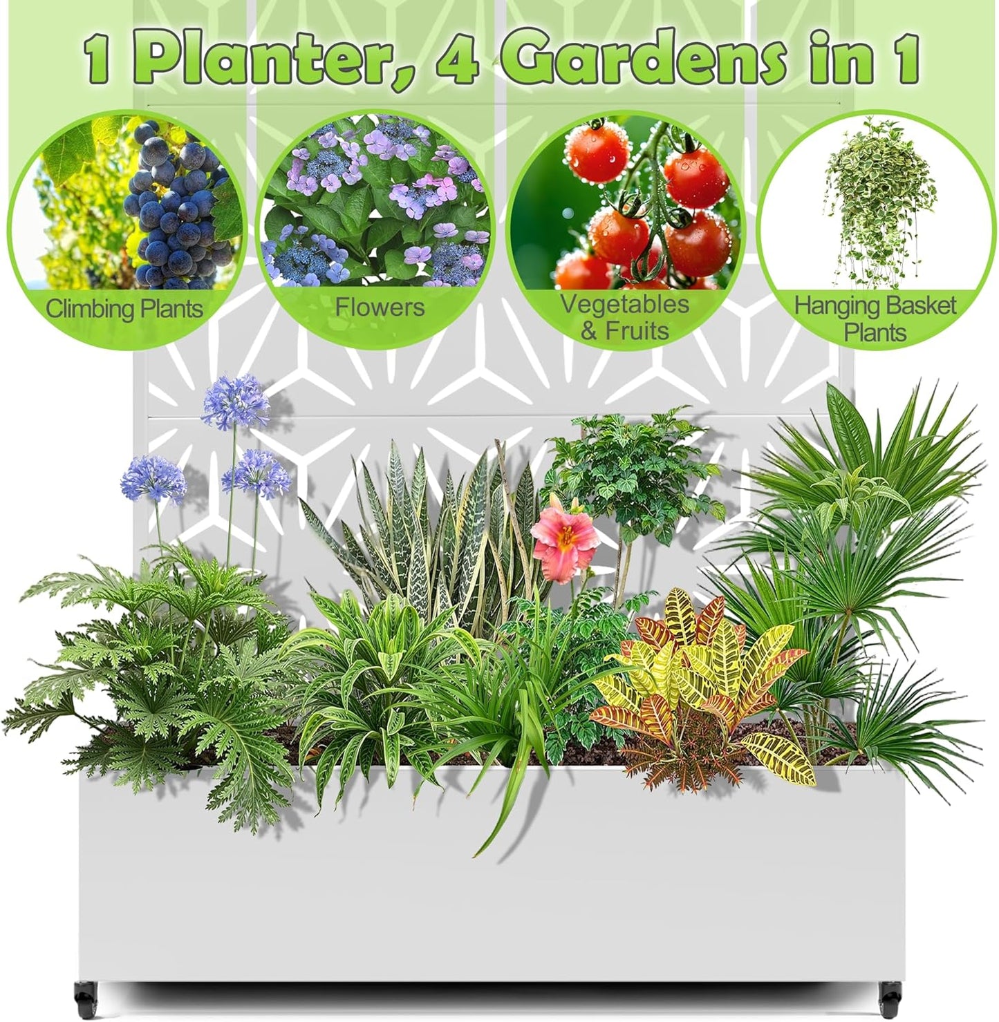 15.7"×70.9"×47.2" Metal Raised Garden Bed with Trellis and Wheels - Tall Trellis Planter Box for Climbing Plants, Vegetables & Vines - Outdoor Privacy Planters for Patio (White-Star)