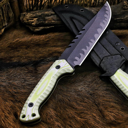 BA-KOR 12.4in Full Tang Fixed Blade Hunting Knife – 6mm 9CR18MoV Steel, G10 Handle, Stonewashed Sawback Blade with Kydex Sheath & Fire Starter for Outdoor, Camping, Survival (White with light green stripes)