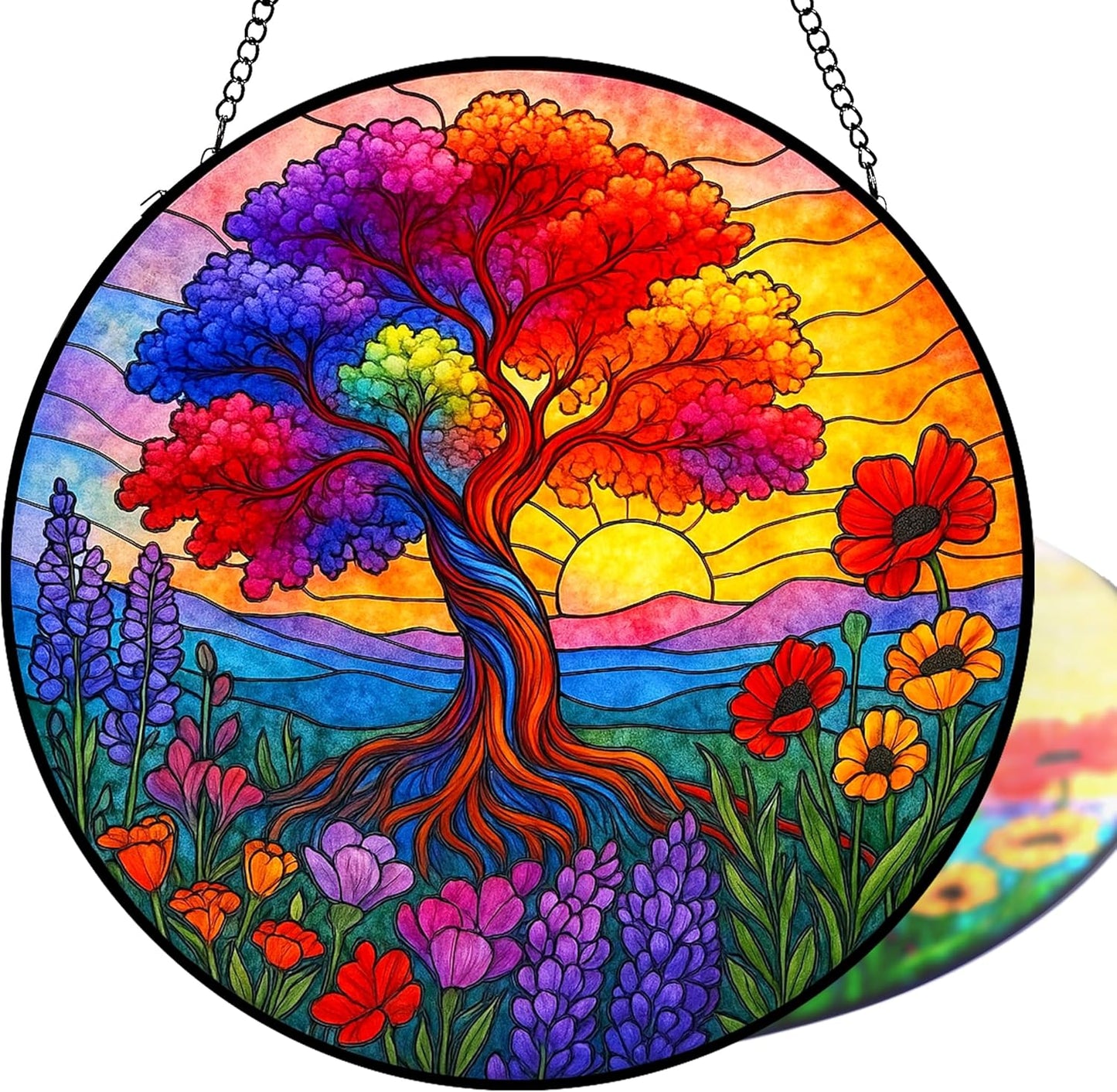 Stained Glass Window Hanging, Tree of Life Sun Catchers Stained Glass Panels for Indoor Windows Wall Art Decor, Birthday Gift for Mom Women Wife Men Lovers (7.87inch)