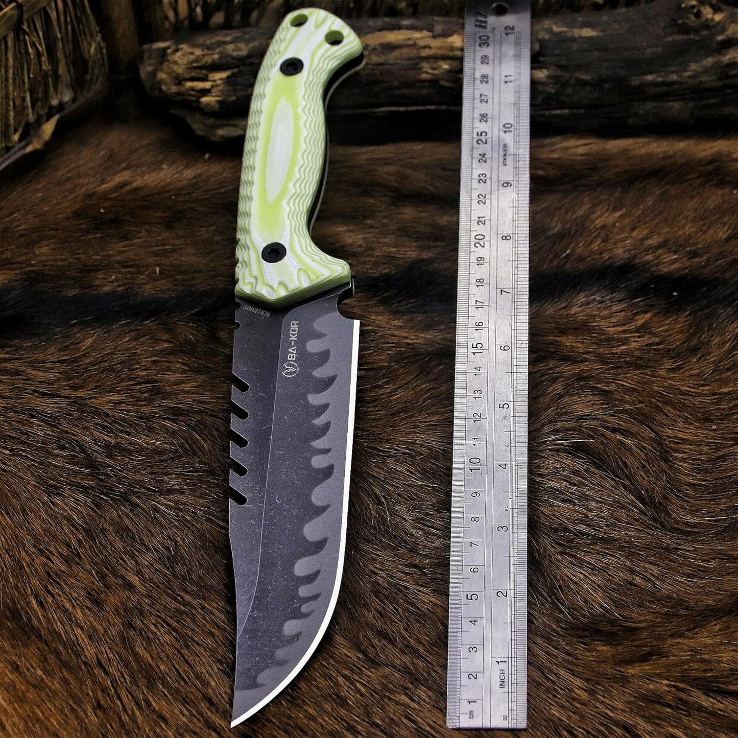 BA-KOR 12.4in Full Tang Fixed Blade Hunting Knife – 6mm 9CR18MoV Steel, G10 Handle, Stonewashed Sawback Blade with Kydex Sheath & Fire Starter for Outdoor, Camping, Survival (White with light green stripes)