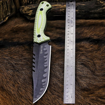 BA-KOR 12.4in Full Tang Fixed Blade Hunting Knife – 6mm 9CR18MoV Steel, G10 Handle, Stonewashed Sawback Blade with Kydex Sheath & Fire Starter for Outdoor, Camping, Survival (White with light green stripes)