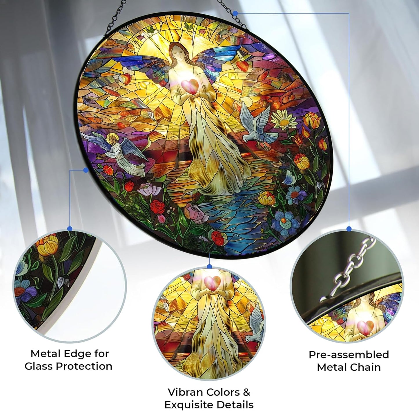 Jesus Christ Holy Spirit Stained Glass Suncatcher Four Season Theme Colorful Leaves Window Wall Hanging Ornament Hand-Painted Glass Panel Decor Gift for Women Christmas Thanksgiving Gift