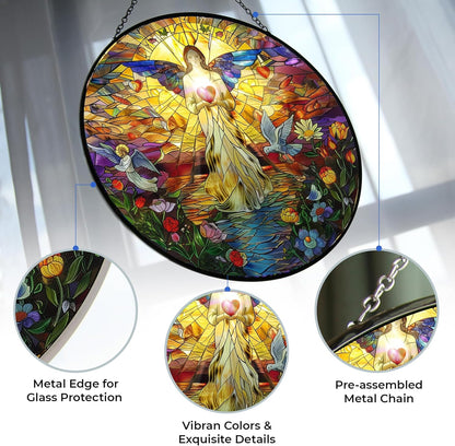 Jesus Christ Holy Spirit Stained Glass Suncatcher Four Season Theme Colorful Leaves Window Wall Hanging Ornament Hand-Painted Glass Panel Decor Gift for Women Christmas Thanksgiving Gift