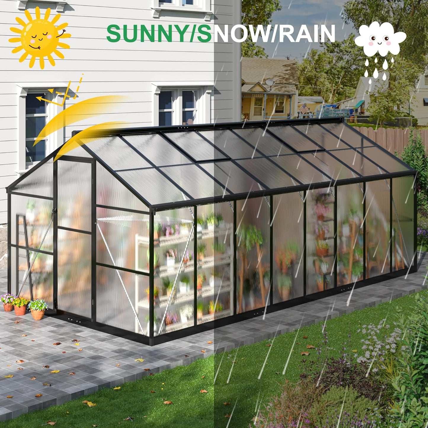 WKM 8x16 FT Greenhouse for Outdoors, Polycarbonate Greenhouse with Roof Vent and Quick Setup Structure, Aluminum Frame, Black