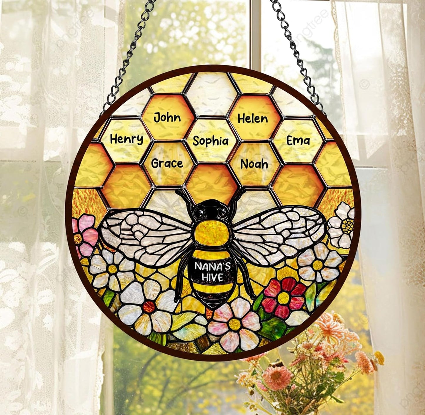 LOVELYPOD Custom Grandma’s Bee Stained Glass Sun Catcher, Personalized Window Hanging Sun Catcher with Kids Name, Nana’s Blessings, Gifts for Mom Grandma, Personalized for Grandma