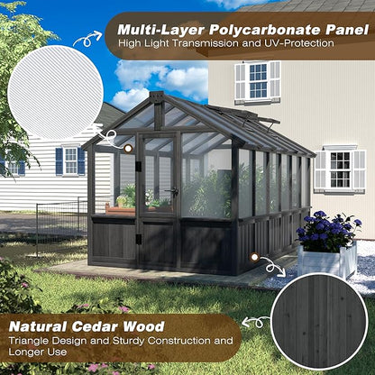 BlueWish 6x12FT Greenhouse, Greenhouse for Outdoor with Cedar Frame, Adjustable Vent, Wood Greenhouses with Polycarbonate Panel, Green House for Outside, Garden, Backyard, Black