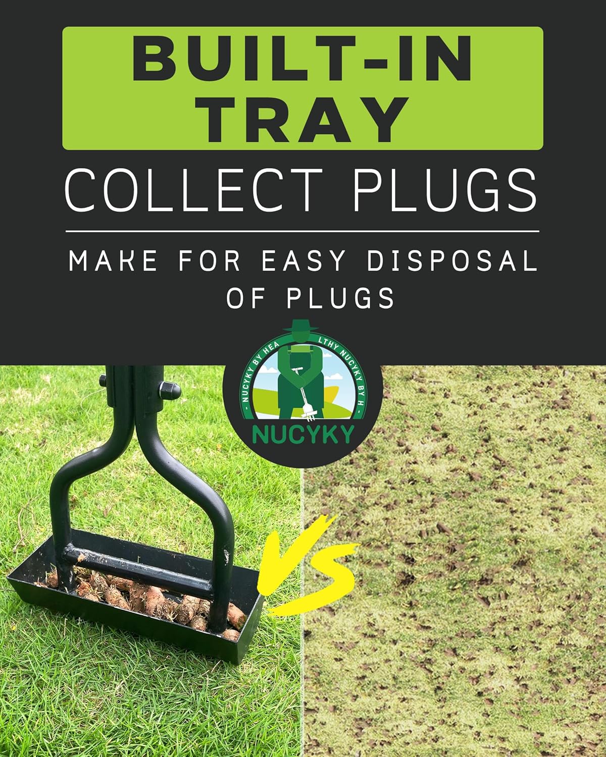 Lawn Aerator Coring Tool with Soil Core Tray, Manual Garden Plug Aerator for Grass Aeration, Yard Aerator & A Cleaning Tool for Compacted Soil, Lawn Care, 38”,Patented, Black Handle