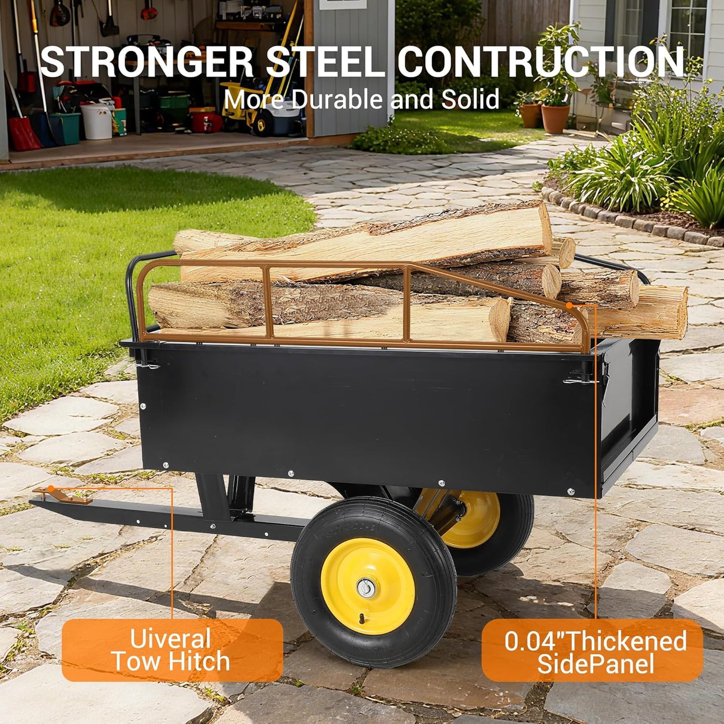 500LBS Heavy Duty Tow Behind ATV Trailer, Steel Dump Cart, Garden Utility Trailer with Removable Tailgate for Riding Lawn Mower Tractor, Black