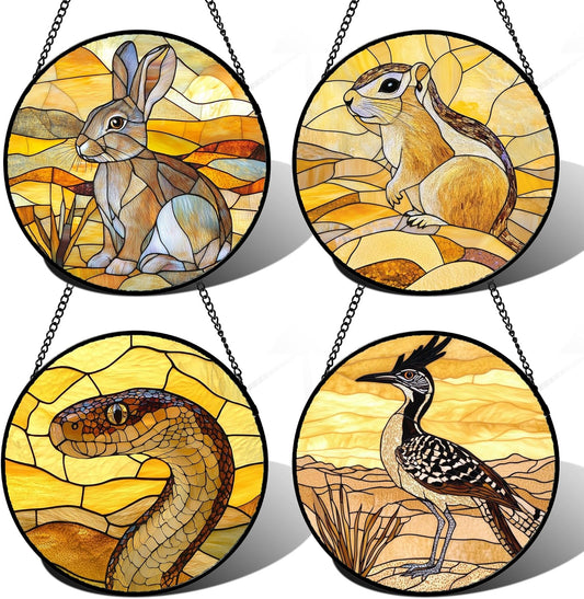 Stained Glass Window Hanging 4 Pcs Set Animals 7.8" - Desert Landscape Yellow Suncatcher Door