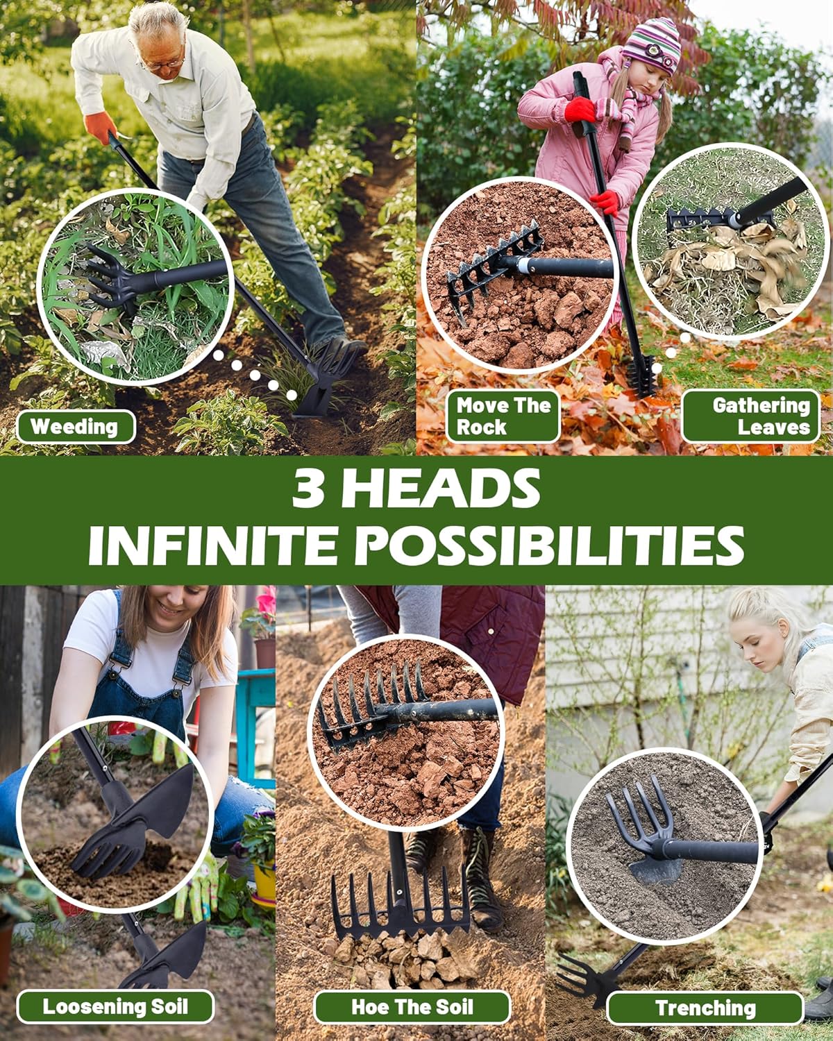 5-in-1 Garden Hoe - Adjustable 37" to 50" Handle, 5 Tool Heads, Heavy-Duty Weeding, Cultivating, and Raking Tool for Gardening, Camping, and Outdoor Use