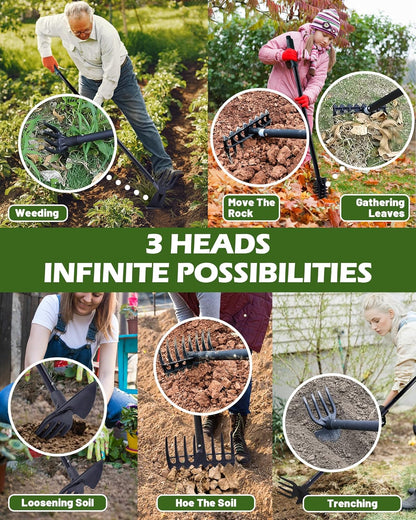 5-in-1 Garden Hoe - Adjustable 37" to 50" Handle, 5 Tool Heads, Heavy-Duty Weeding, Cultivating, and Raking Tool for Gardening, Camping, and Outdoor Use