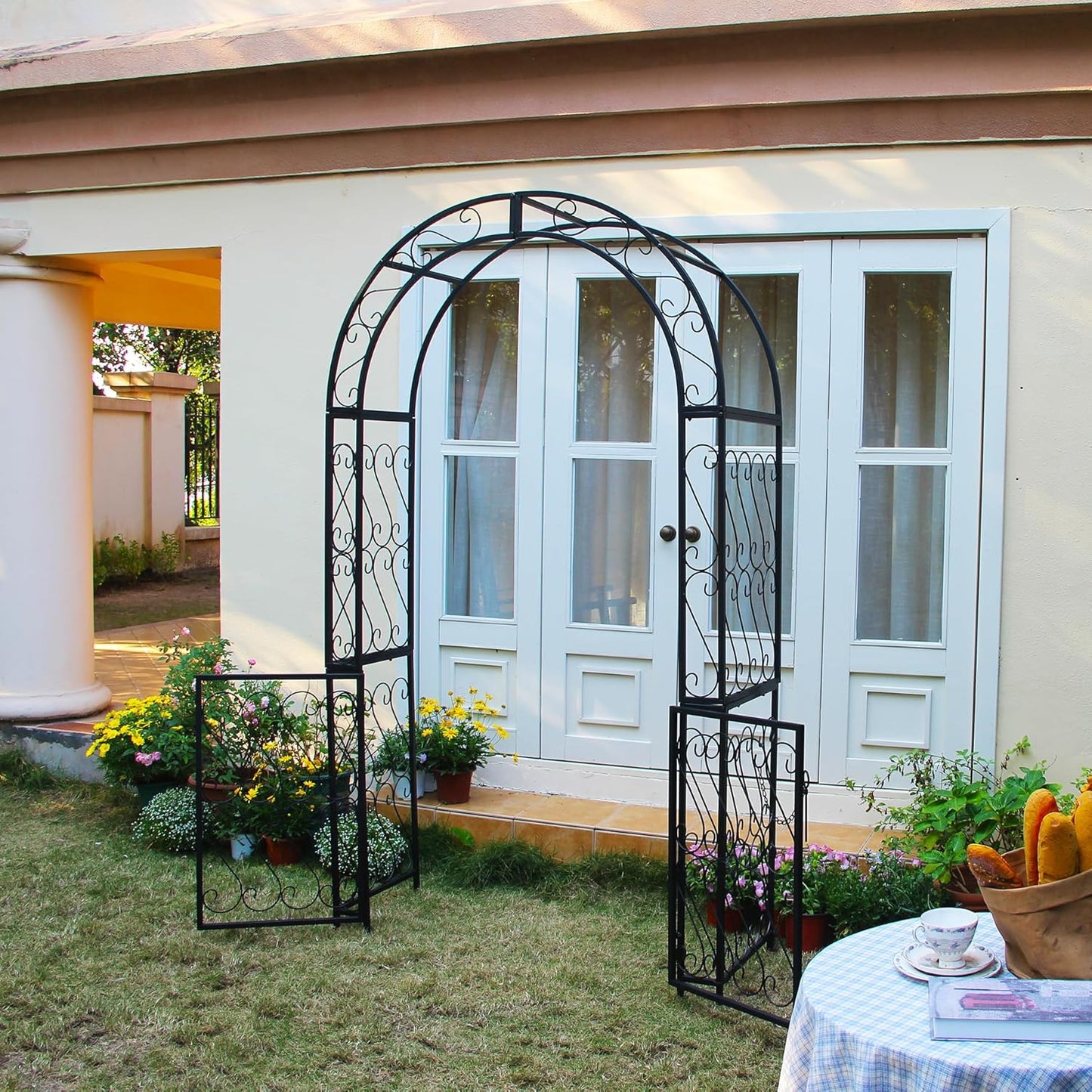 SCENDOR Heavy-Duty Arbor with Gate 48.8" W x 83.5" H, Iron Arch Trellis Arbor Archway for Climbing Plants Roses Vines Support Rack, Outdoor Lawn Backyard Patio Wedding Party Ceremony Decoration