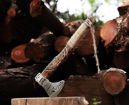 Wazir Crafts Viking Axe |Carbon Steel Engraved Blade with 18″ Wooden Handle & Leather Sheath | Collectible Norse Design Hatchet for Camping & Gifting (WCA-014)