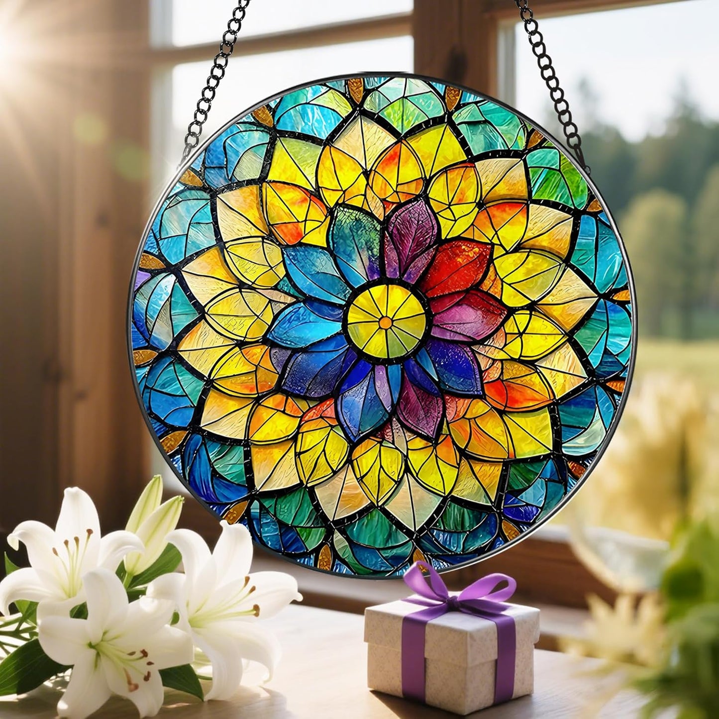 8'' Rainbow Mandala Sun Catcher Ornament, Stained Glass Window Hanging, Sun Catchers for Windows Hanging Ornaments, Window Decor, Ideal Gift | Colorful Spiritual Gifts for Her