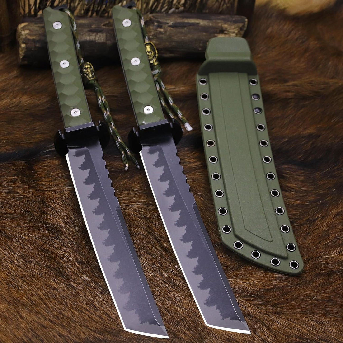 BA-KOR 15.8in Full Tang Japanese Style Outdoor Knife –8mm DC53 Steel, Nylon Fiber Handle &Sheath, Hunting Survival Knife+(5.9in) cerium igniter (Green handle and black blade (8mm))