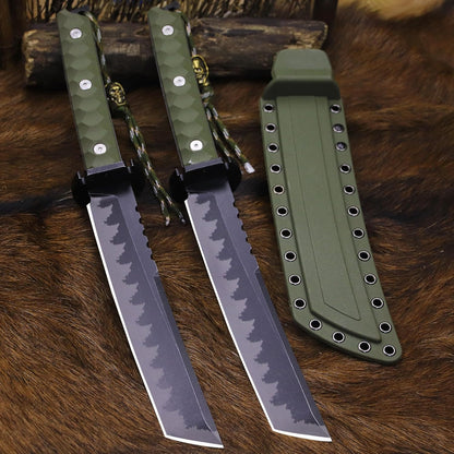 BA-KOR 15.8in Full Tang Japanese Style Outdoor Knife –8mm DC53 Steel, Nylon Fiber Handle &Sheath, Hunting Survival Knife+(5.9in) cerium igniter (Green handle and black blade (8mm))