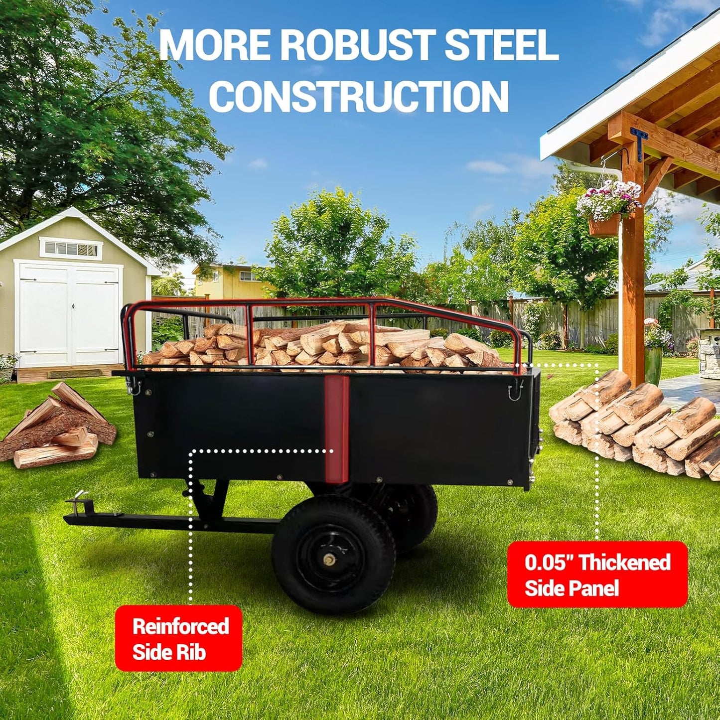 GarveeLife 750 LBS Heavy Duty Steel Dump Cart, 15 Cubic Feet Garden Utility Trailer with Removable Sides,Hand Pull or Foot Pedal Dump Cart for ATV, UTV, Lawn Mowers and Tractors