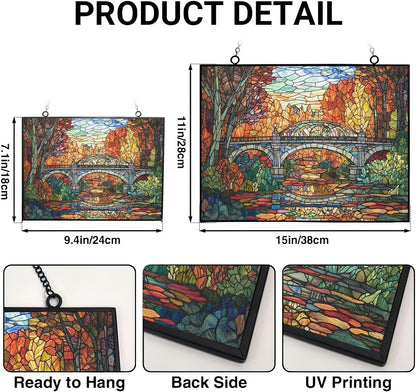 Rectangle Art Nouveau Forest Train Bridge Stained Glass Sun Catcher, Wall Hanging Colored Decor Room Indoor Window Decor, Halloween, Christmas Hanging Ornament Mother Day