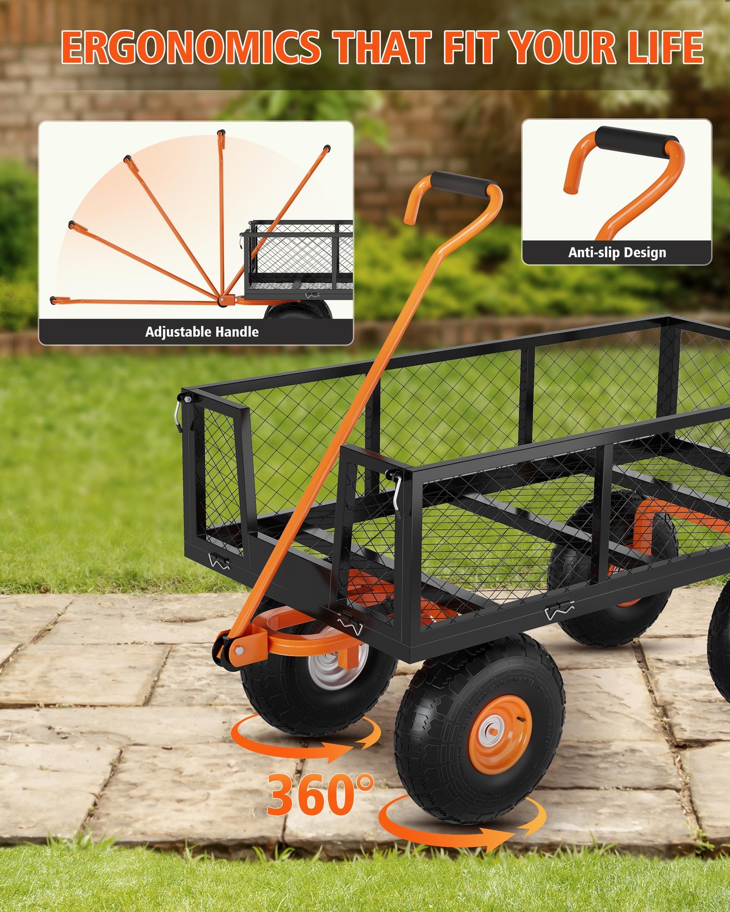 GarveeLife Heavy Duty Steel Garden Cart, 500 LBS Capacity 3 in 1 Pullable Garden Wagon with 10 in