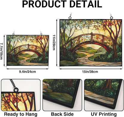 Rectangle Art Nouveau Ivy-Covered Bridge Stained Glass Window Hanging,Hummingbird Sun Catchers Indoor Window Decor, Stained Glass Suncatcher Gifts for Women, Christmas