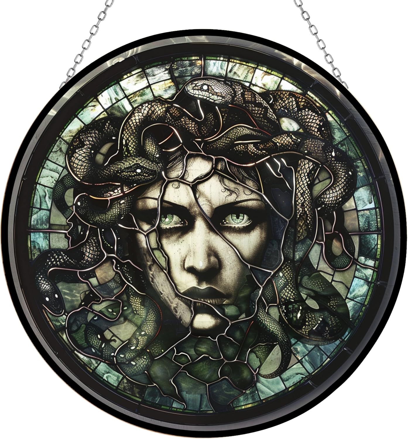 Medusa Stained Glass Window Hanging Window Suncatcher 12" Glass Panel with Metal Chain and Hooks Sun Catchers Indoor Wall Art Home Decor Gift for Women Mother's Day