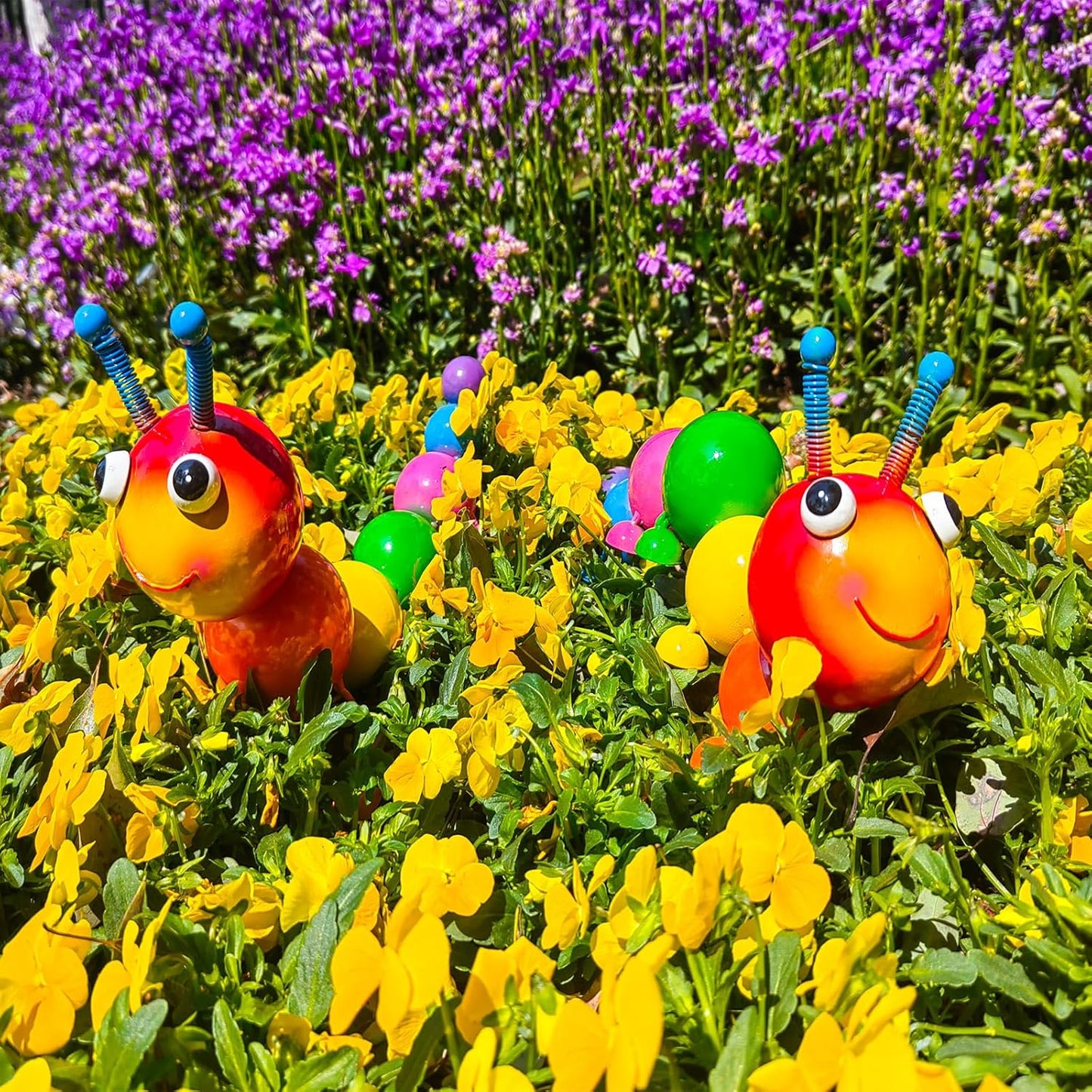 Metal Caterpillar Statue Yard Art Garden Decor for Outside Patio Lawn Ornaments Fence Decorations Gift for Family,Friends,Garden Lovers - Set of 2(Colorful)