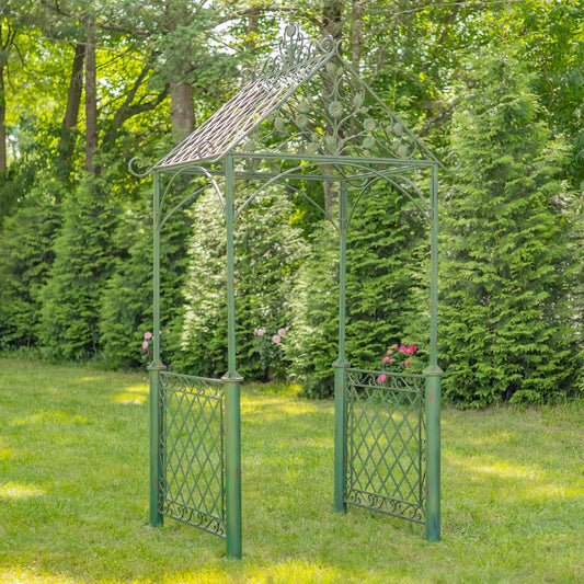 9.5ft T Iron Garden Arch with Embellished Trellis London 1820" (Antique Green)