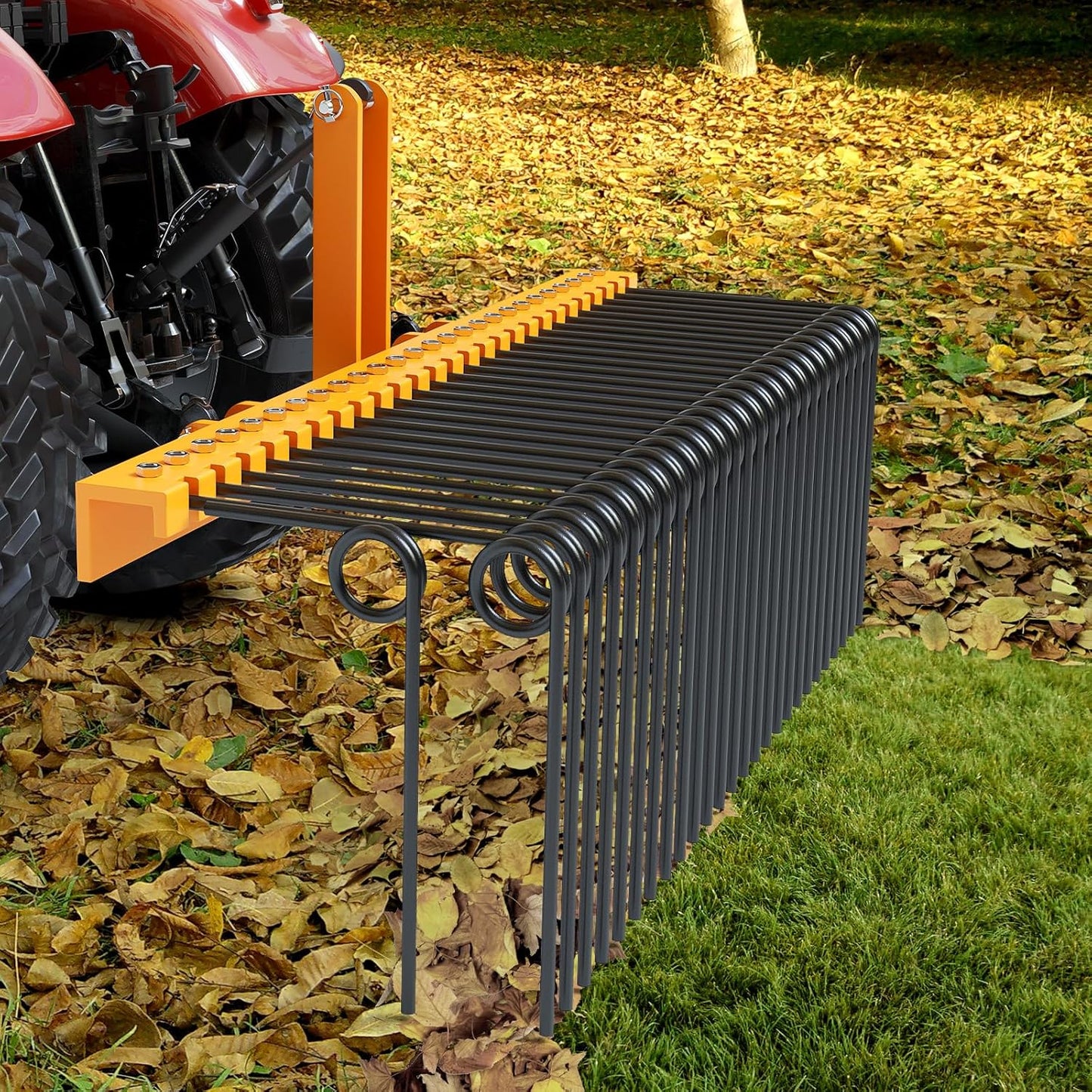 60 Inch 3 Point Tractor Rake, Pine Straw Needle Rake, Durable Powder Coated Steel Spring Landscape Rakes Fit for Cat0, Cat1, Orange