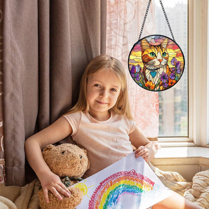 Cat Flower Suncatcher Stained Glass Window Hanging, Orange Cat Sun Catchers Indoor Window Glass Wall Art Decor, Kitten Floral Wall Hanging Decor Decorations, 7.9x7.9 Inch 033-MH-BLGH