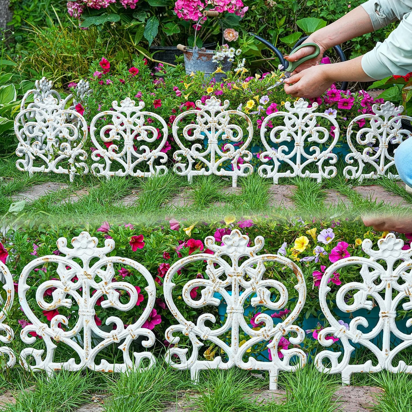 Sungmor Decorative Cast Iron Garden Edging, 4 Pack Rustic White Victorian Garden Edging Landscape Border, Vintage Metal Yard Stake Low Picket Fence, 11.8" Tall Outdoor Flower Bed Lawn Fence Panels
