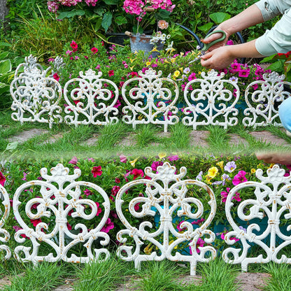 Sungmor Decorative Cast Iron Garden Edging, 4 Pack Rustic White Victorian Garden Edging Landscape Border, Vintage Metal Yard Stake Low Picket Fence, 11.8" Tall Outdoor Flower Bed Lawn Fence Panels