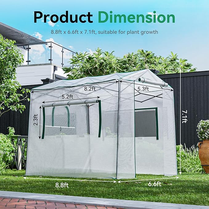 Joyside 8 x 6 FT Outdoor Pop up Greenhouse with Adjutable Reinforced Frame, Durable PE Cover and Mesh Windows, Portable Greenhouse for All Seasons, Easy Set Up (White, 8 x 6 FT)