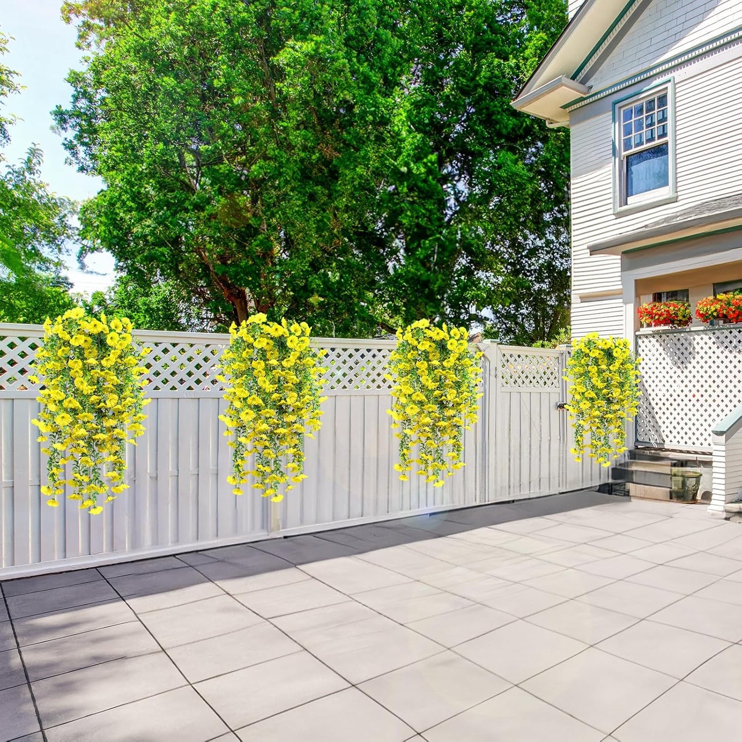 4 Pack Artificial Faux Hanging Flowers Plant for Outdoor, Fake Silk Morning Glory with Eucalyptus UV Resistant Realistic Trailing Vine for Wall Home Porch Patio Balcony Yard Indoor Decor, Yellow