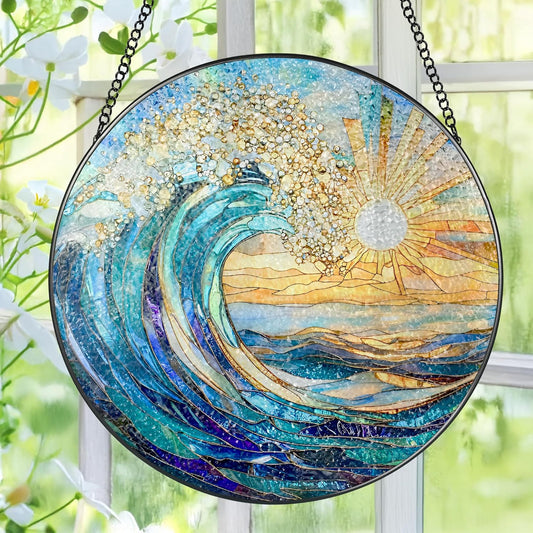 Sea Wave Stained Glass Suncatcher, 8 Inch Ocean Suncatchers for Window Hanging, Beach Lover Gifts