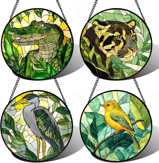 Stained Glass Window Hanging 4 Pcs Set Green Plants Animals Theme 9.8" - Bird Tiger Suncatcher Door