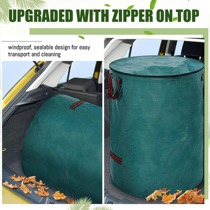 10 Pcs 106 Gallons Yard Waste Bags with Lid and 4 Pairs Gardening Coated Gloves Leaf Bags (h30" x D26") 4 Handles Large Waste Container for Lawn Yard Weed Leaf