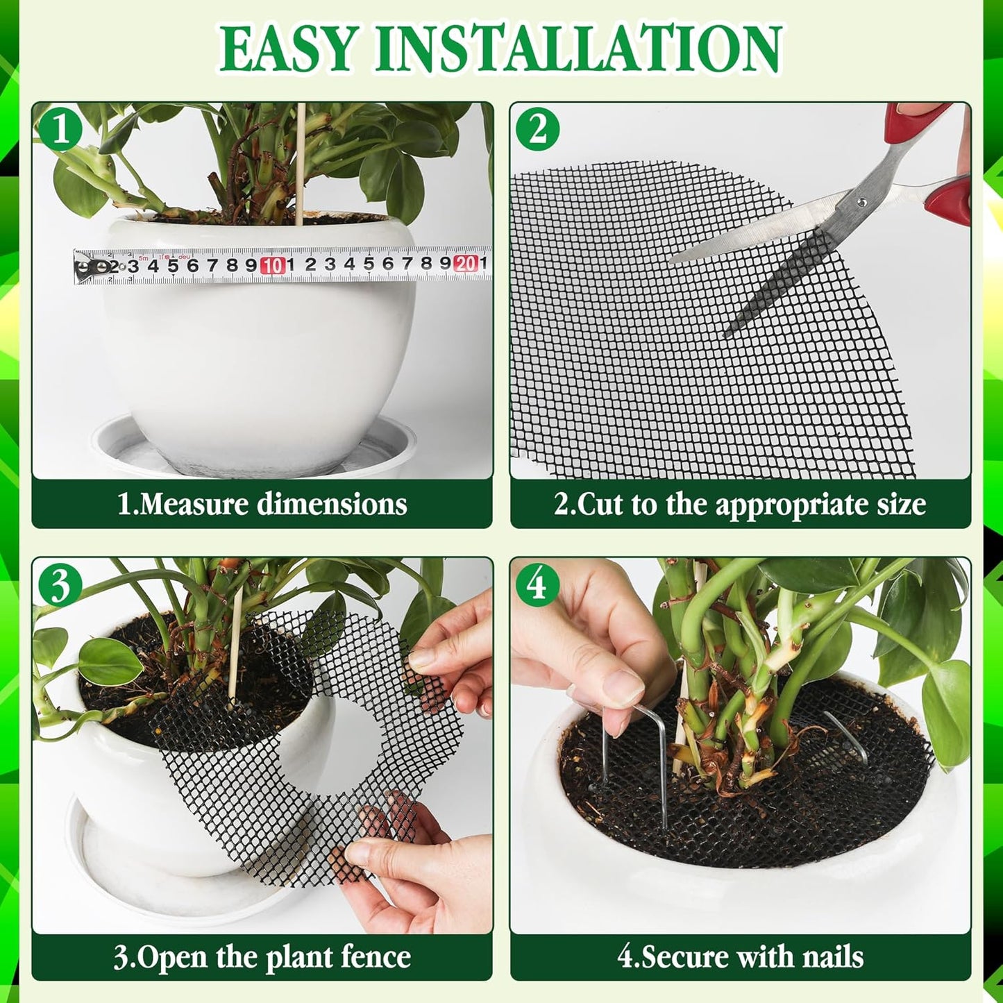 10pc 15.7" Plant Pot Covers Custom Cut Plant Pot Grids to Protect Soil from Animals for Indoor & Outdoor Potted Plants by Preventing Soil Damage Includes 30 Securing Stakes