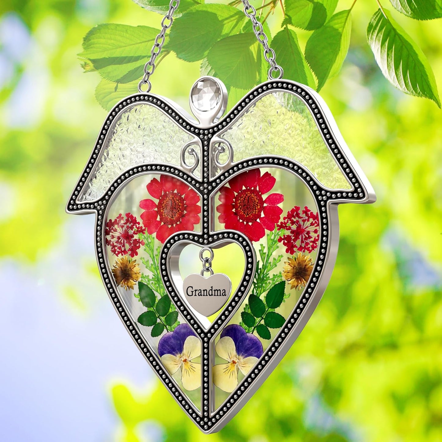 KY&BOSAM Angel Heart Suncatcher Grandma Gifts Stained Glass for Windows Hangings Wind Chime Ornaments with Pressed Real Flower and Metal Heart Charm Birthday Gifts for Women Mother`s Day Christmas
