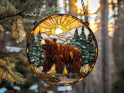 Bear Forest Scene Acrylic Suncatcher Window Hanging Cabin Decor Rustic Home Decoration Gift for Nature Lovers