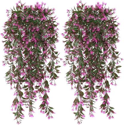 TOCHGREEN 4Pcs Artificial Hanging Plants Fern Vine, Faux Plastic Plants Fake Ivy Vine Greenery Garland with RoseRed Flower, Outdoor Indoor Decorations for Living Room Garden Wall Home Decor (Rose Red)